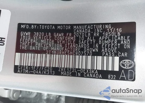 2017 Toyota Corolla Se z USA, uszkodzony, nr VIN 2T1BURHE5HC807570